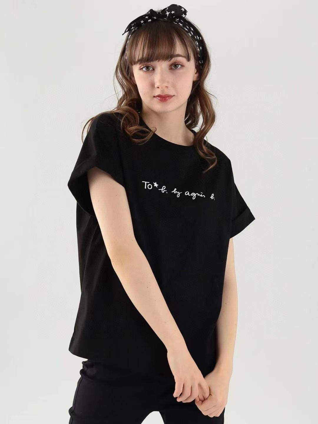 Agnes b 捲袖logo tee