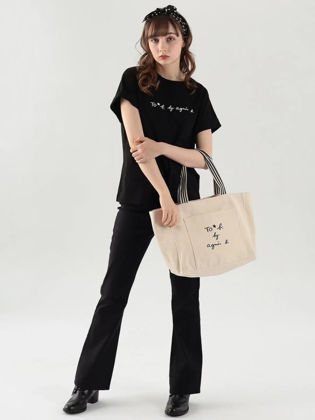 Agnes b 捲袖logo tee