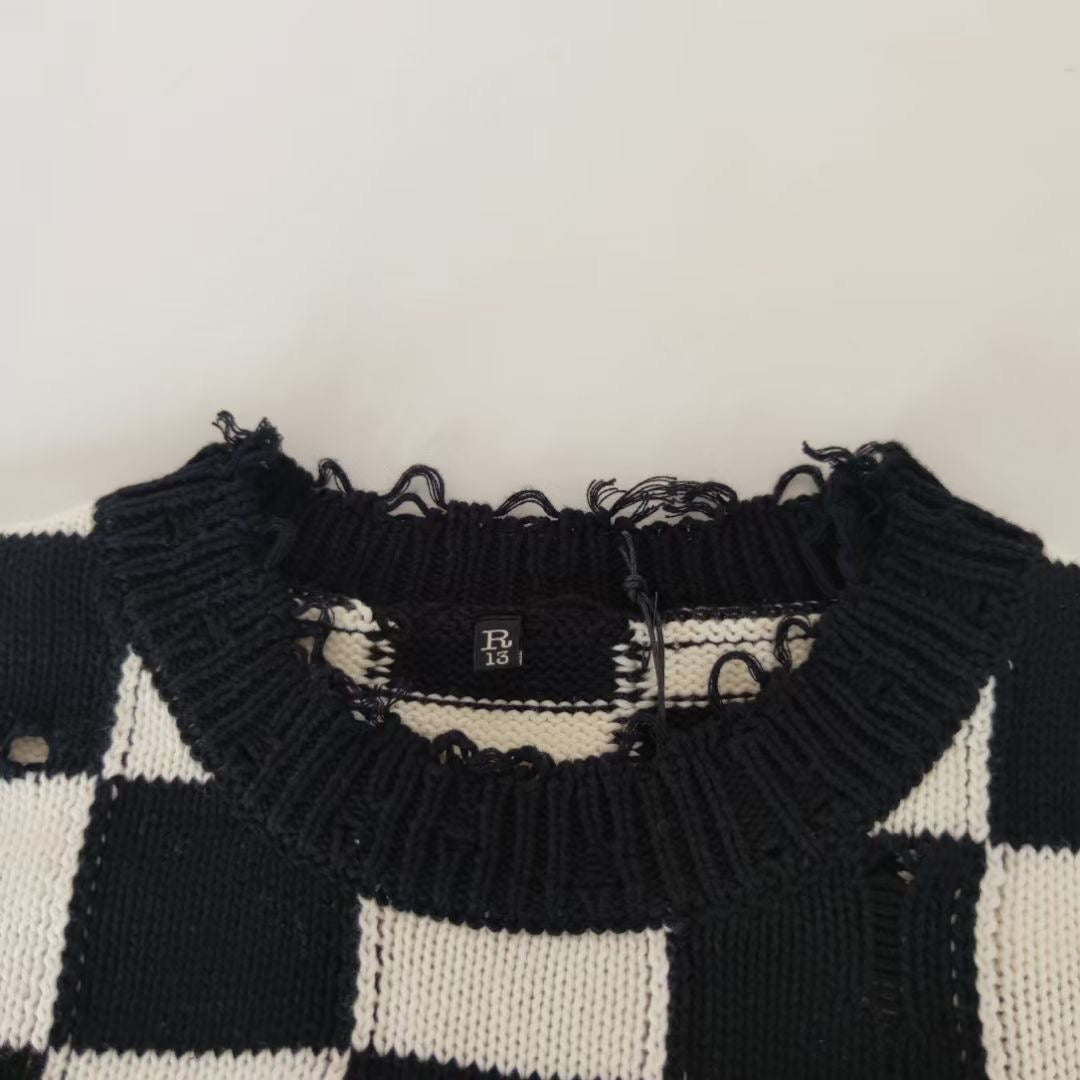 R13格仔破洞knitted sweater